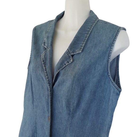 Vintage 90s Chambray Dress Women's 10 Blue Midi Sleeveless Button Front Cotton - Picture 10 of 14